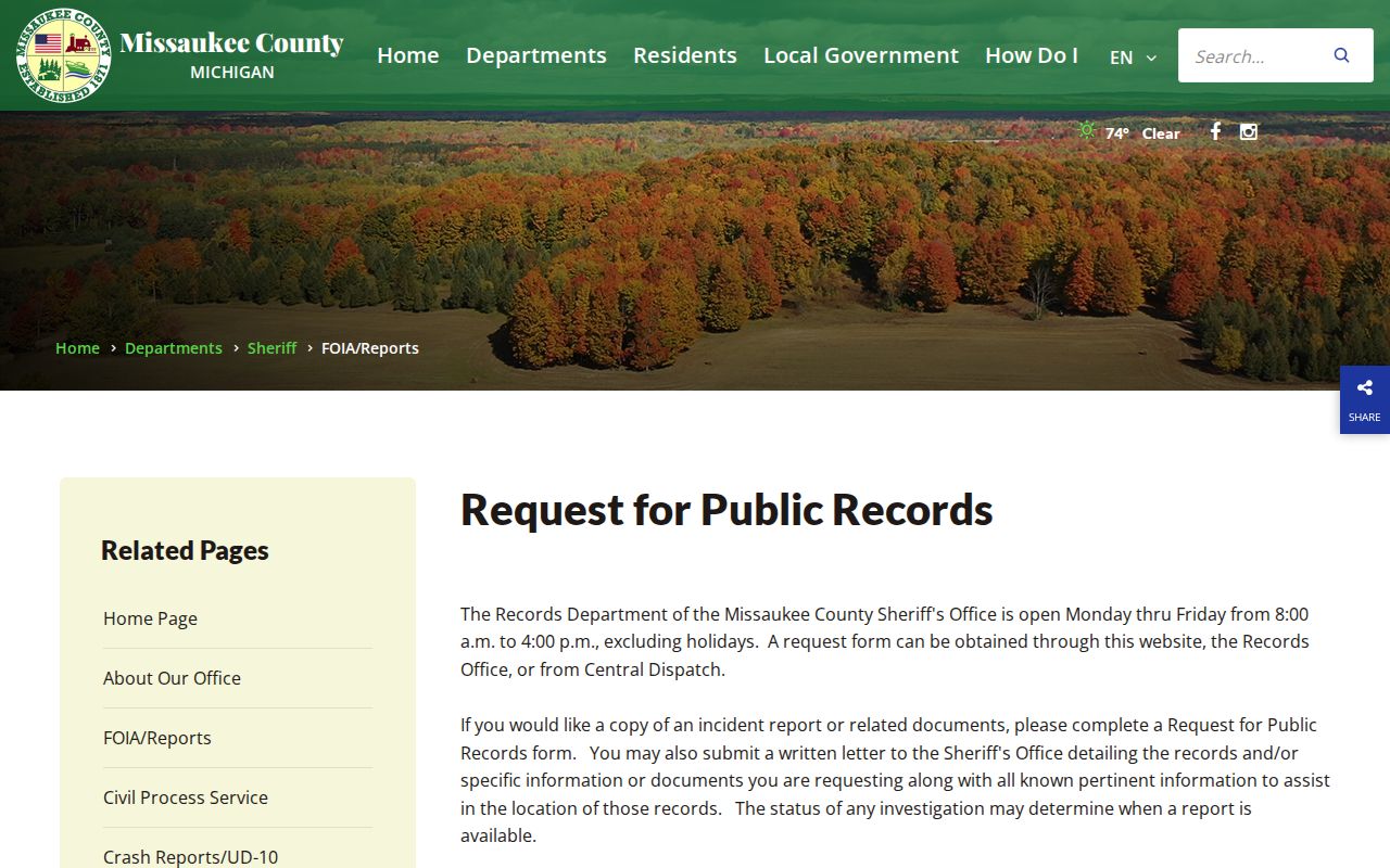 Missaukee County municipal court warrant records: the sheriff records request page