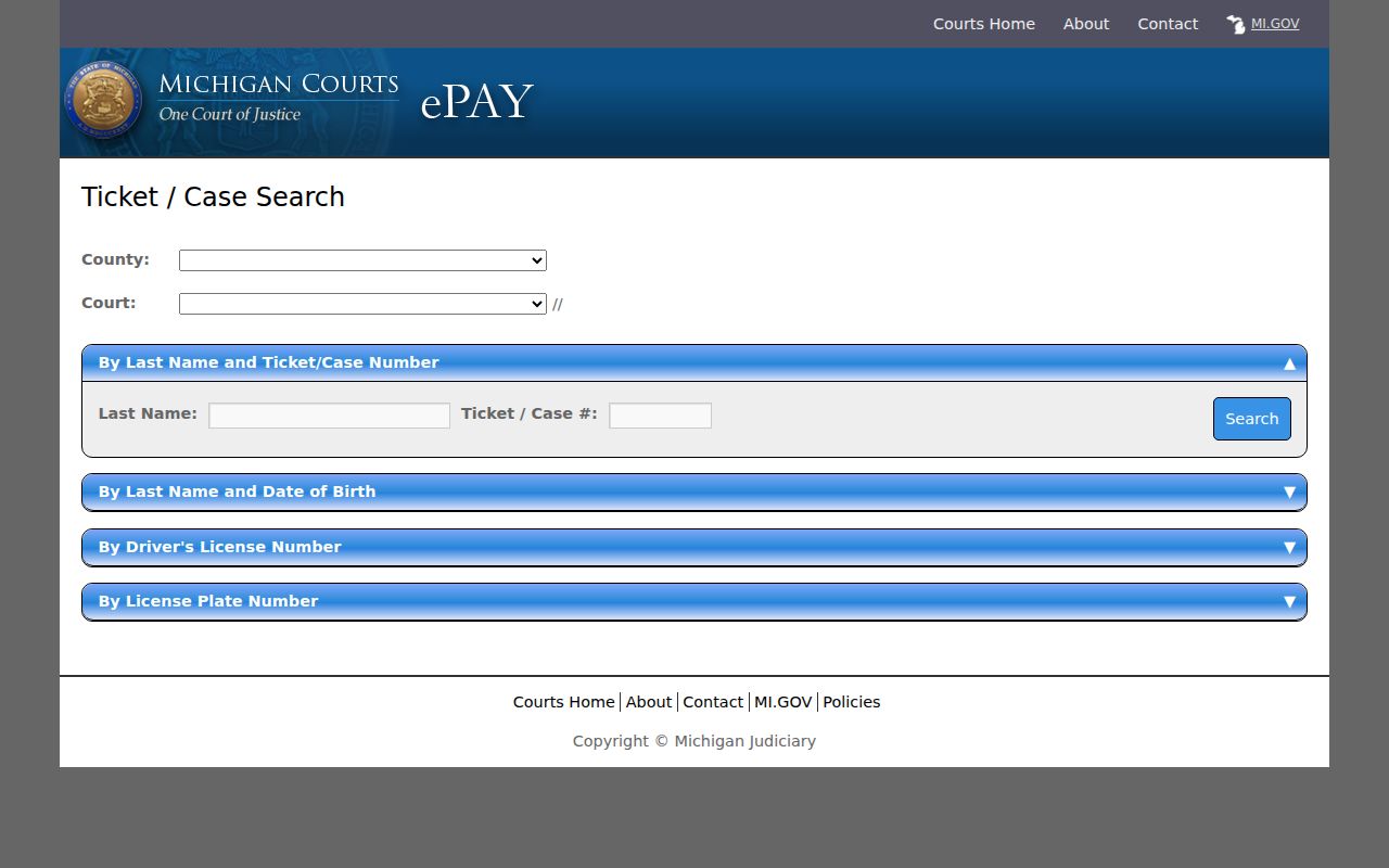 Missaukee County warrant search: county and court selector fields on the state ticket search